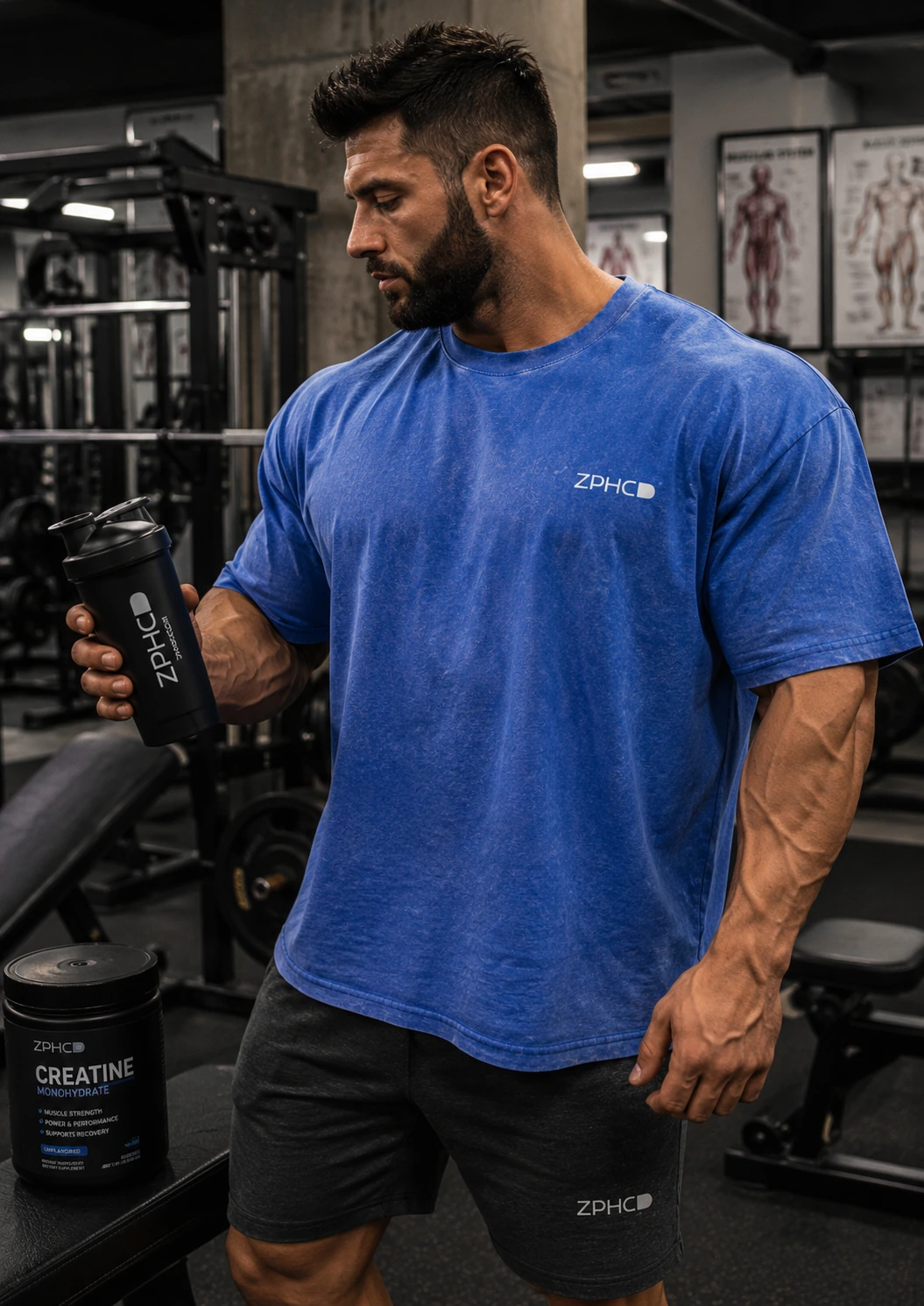 Strength athlete in ZPHC training apparel holding a shaker near a creatine supplement tub.