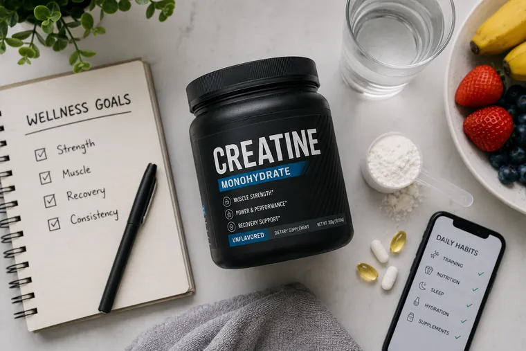 Creatine monohydrate supplement with fruit, water, wellness goals, and daily habit tracker.