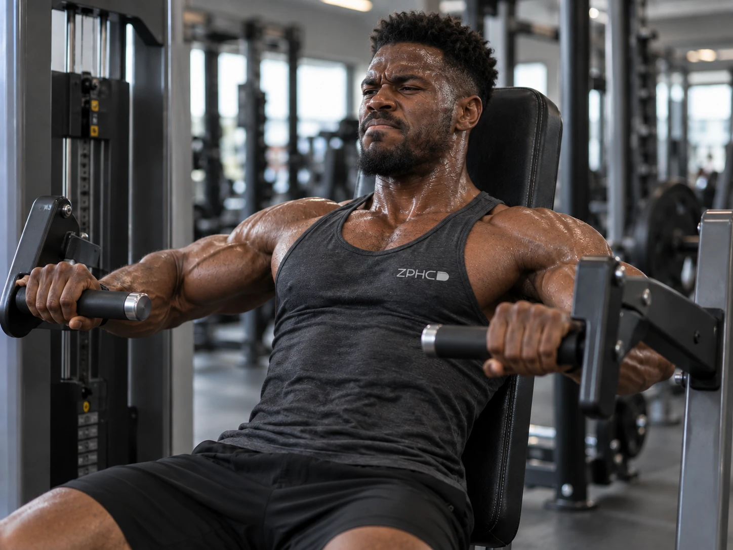 A man seated on a chest-press machine grips the handles during a repetition.