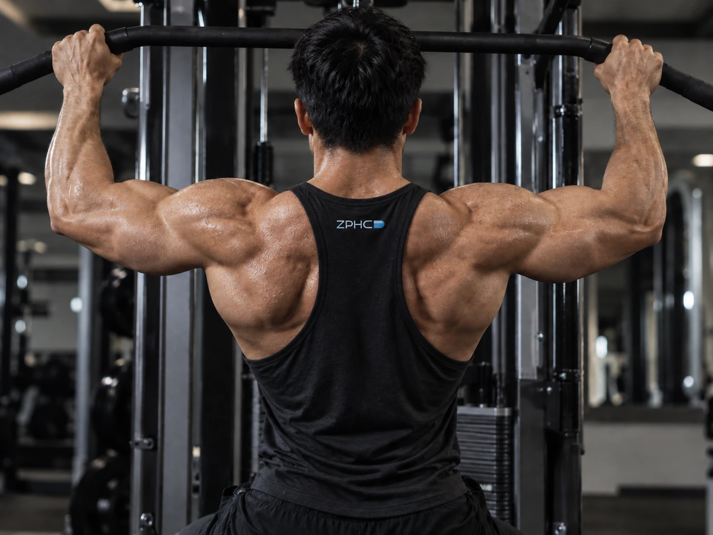 Rear view of a man gripping a wide pulldown bar, with his shoulders and back visible.