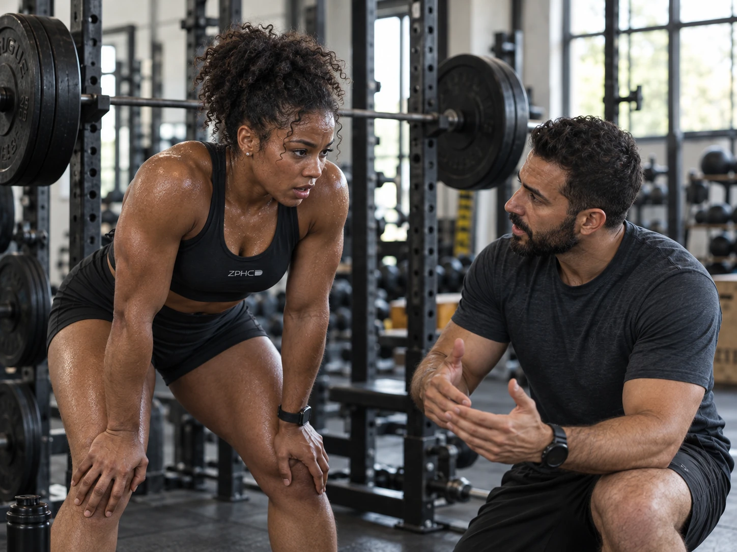 A woman leans forward beside a squat rack while a crouching coach speaks to her.