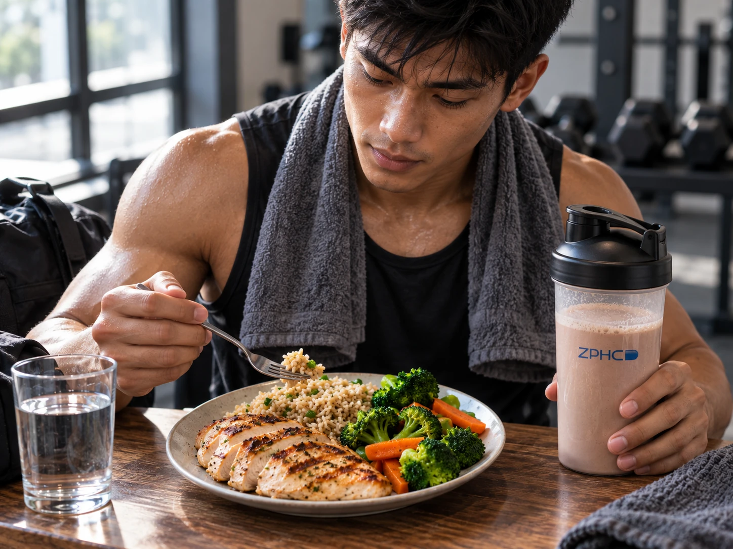 A man sits at a table with chicken, rice, vegetables, water, and a shaker.