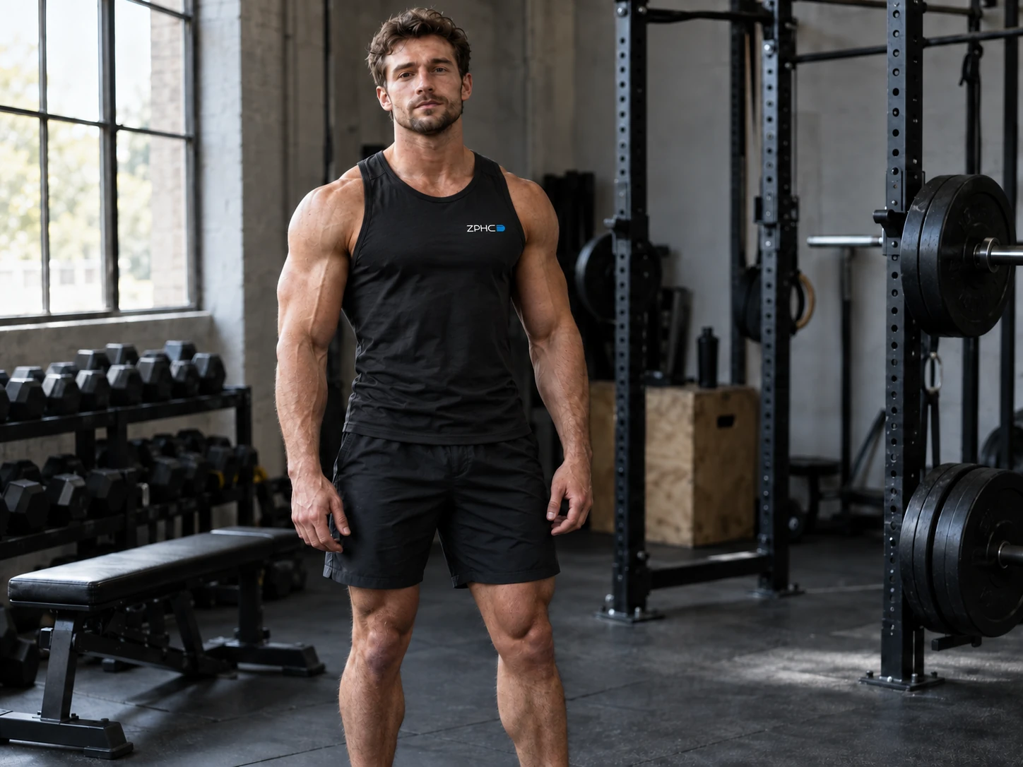 A muscular man in a black sleeveless top stands between a dumbbell rack and a power rack.