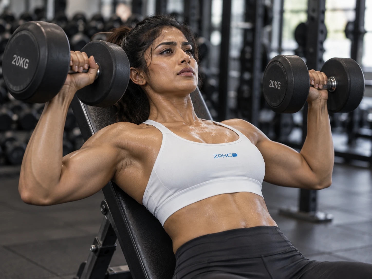 A woman holds two dumbbells at shoulder level while lying on an incline bench.