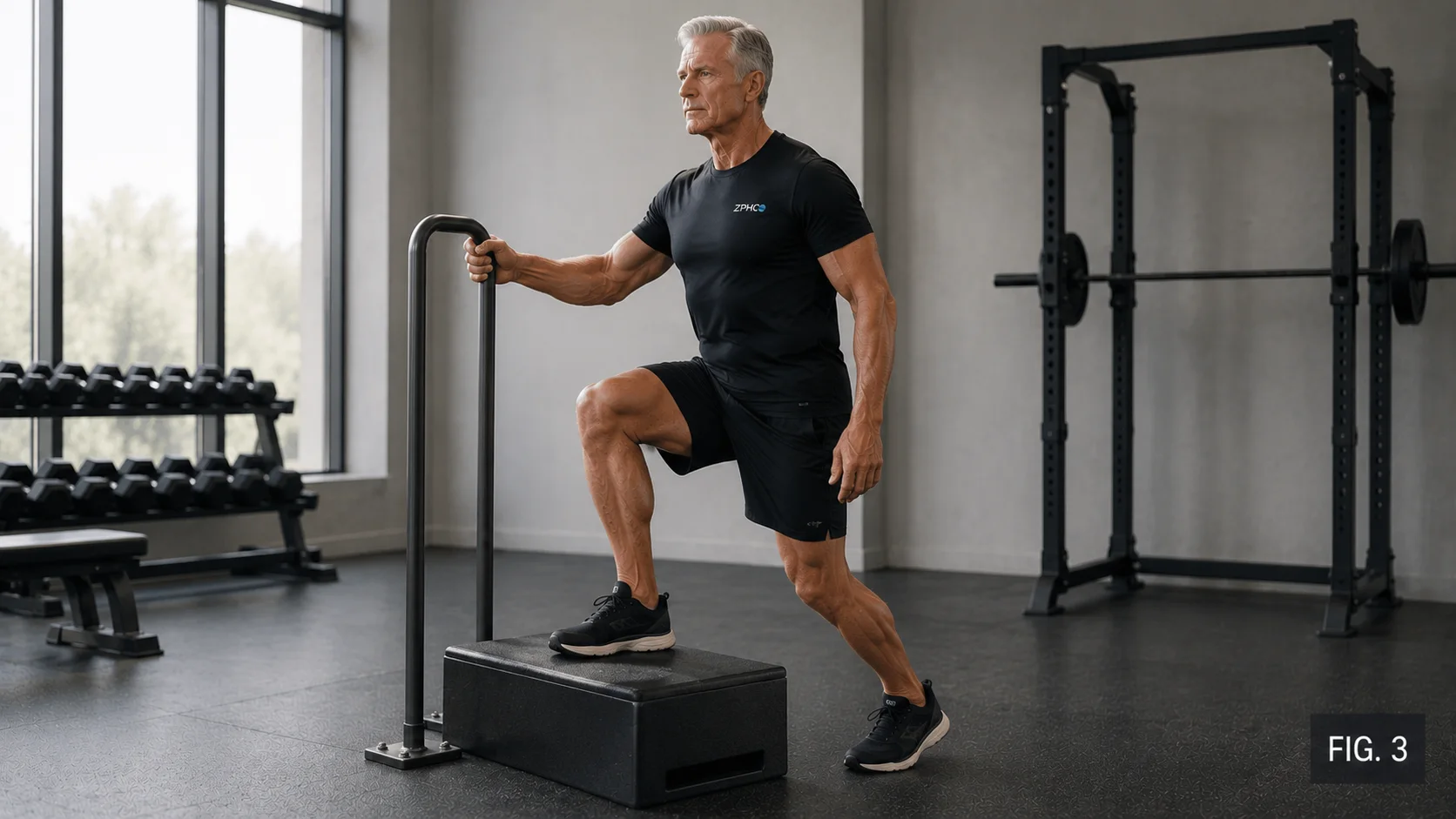 Strong older male performing a controlled low step-up beside a fixed support rail.