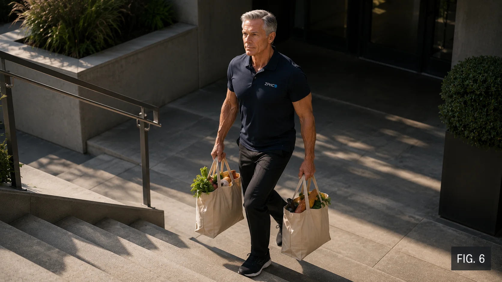 Athletic older adult carrying grocery bags up a broad flight of outdoor steps.