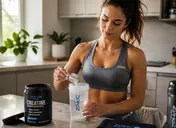 A woman in sportswear scoops creatine monohydrate powder at a kitchen counter.