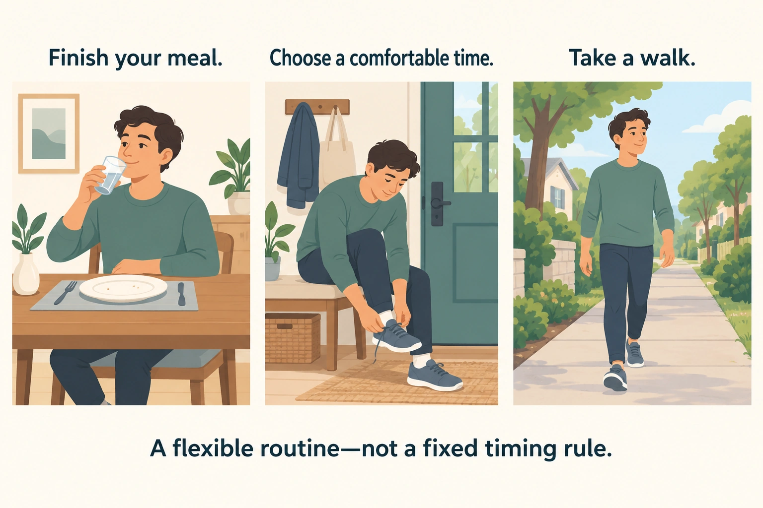 Three panels show a person finishing a meal, putting on shoes, and heading out for a walk.