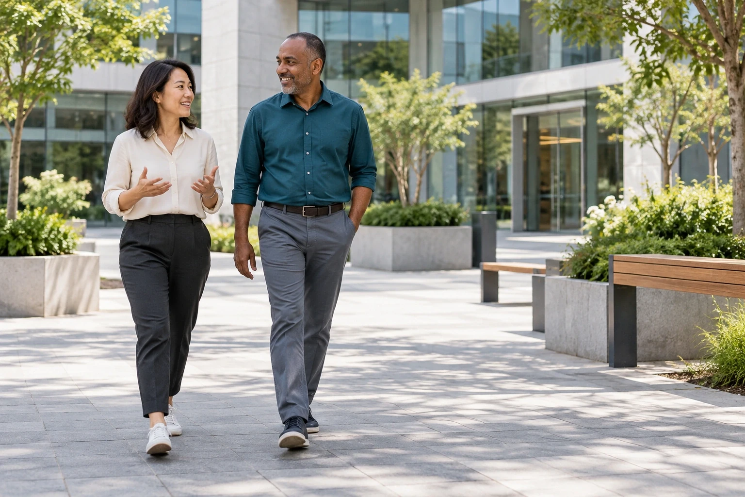 Two adults talking while walking along a paved path beside a modern office building.