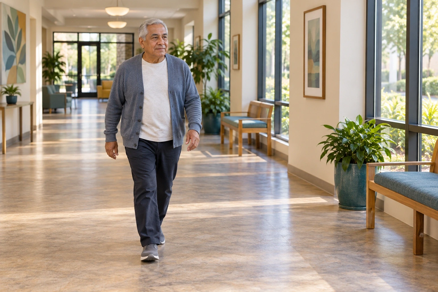 An older adult walking through a bright indoor corridor with chairs and clear floor space.