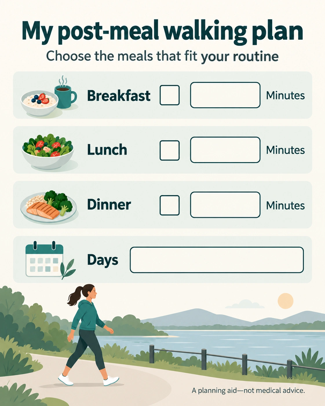 Blank walking planner with breakfast, lunch, and dinner checkboxes, minute fields, a days field, and a walking illustration.
